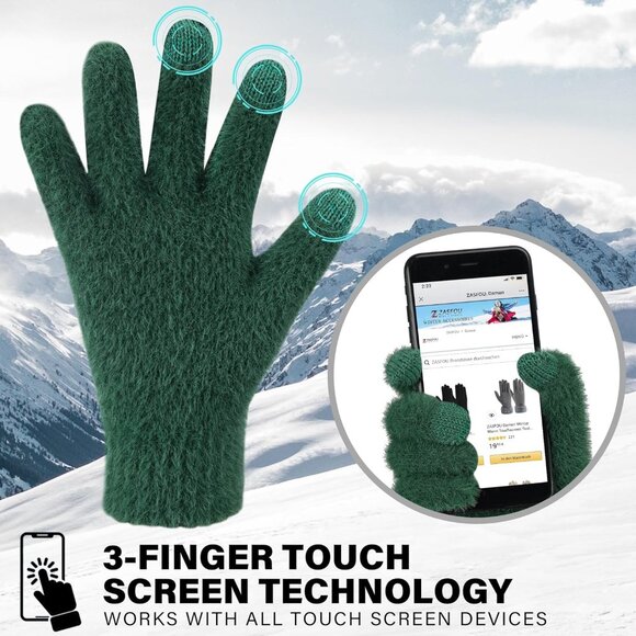 Women's Green Winter Touchscreen Velvet Elastic Warm Gloves for Cold Weather - Picture 2 of 6